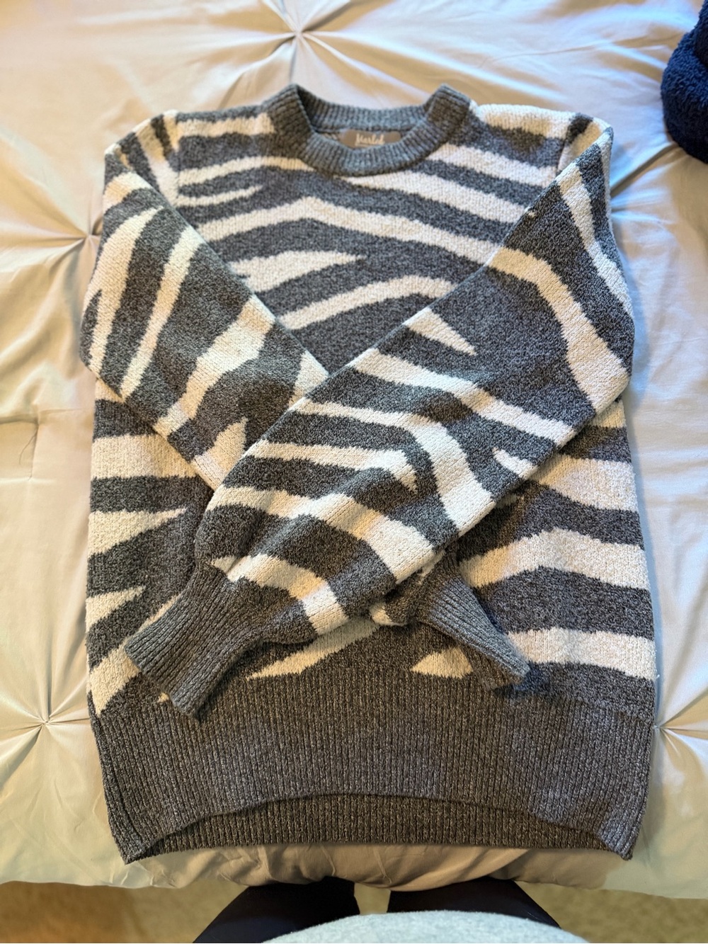 Gray and Cream Zebra-Stripe Crewneck Sweater